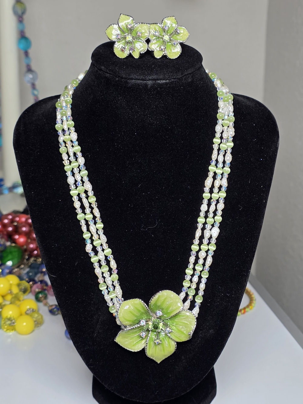 Vintage 90s Butler Mint Enamel Flower Multi-strand Necklace Clip On Earring Set